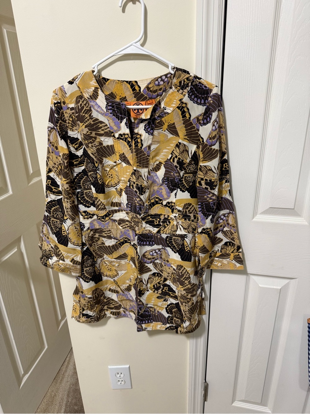 Tory Burch Gold, Black & Purple Butterfly Print Tunic